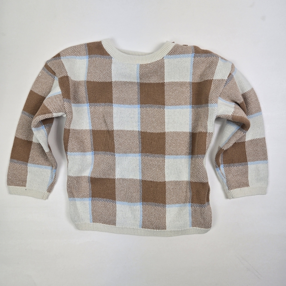 H&M Kids Cream, Tan & Light Blue Check Plaid Light Knit Sweater 1.5 - 2Y